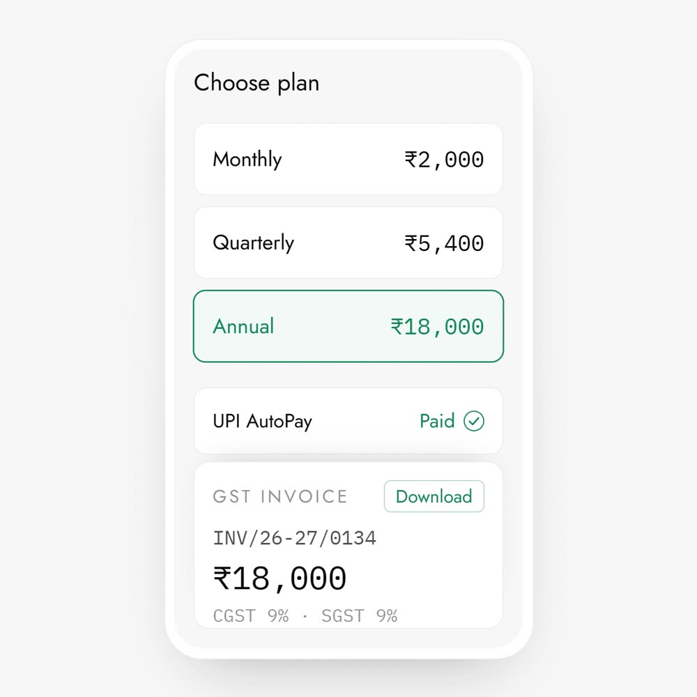 Choosing an annual plan, paying by UPI AutoPay and receiving a GST invoice